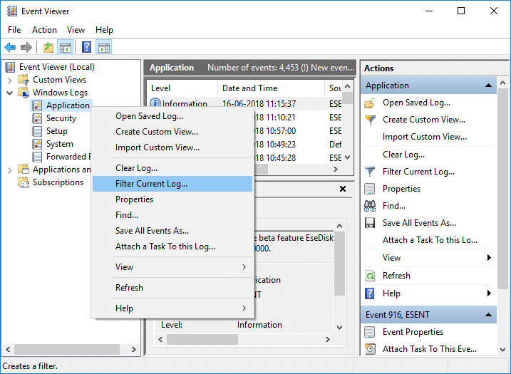 Haga clic con el botón derecho en Aplicación y luego seleccione Filtrar registro actual en Visor de eventos