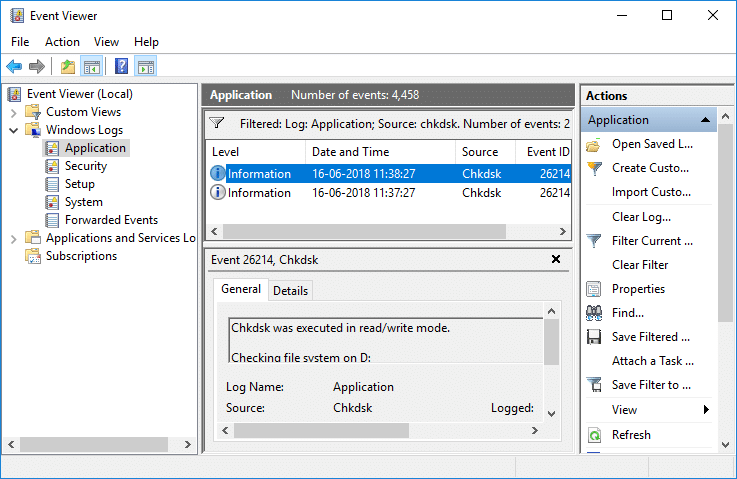 Ahora verá todos los registros de eventos disponibles para Chkdsk en el Visor de eventos