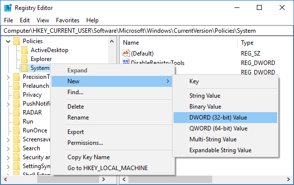 Haga clic con el botón derecho en Sistema y luego seleccione Valor nuevo y DWORD (32 bits)