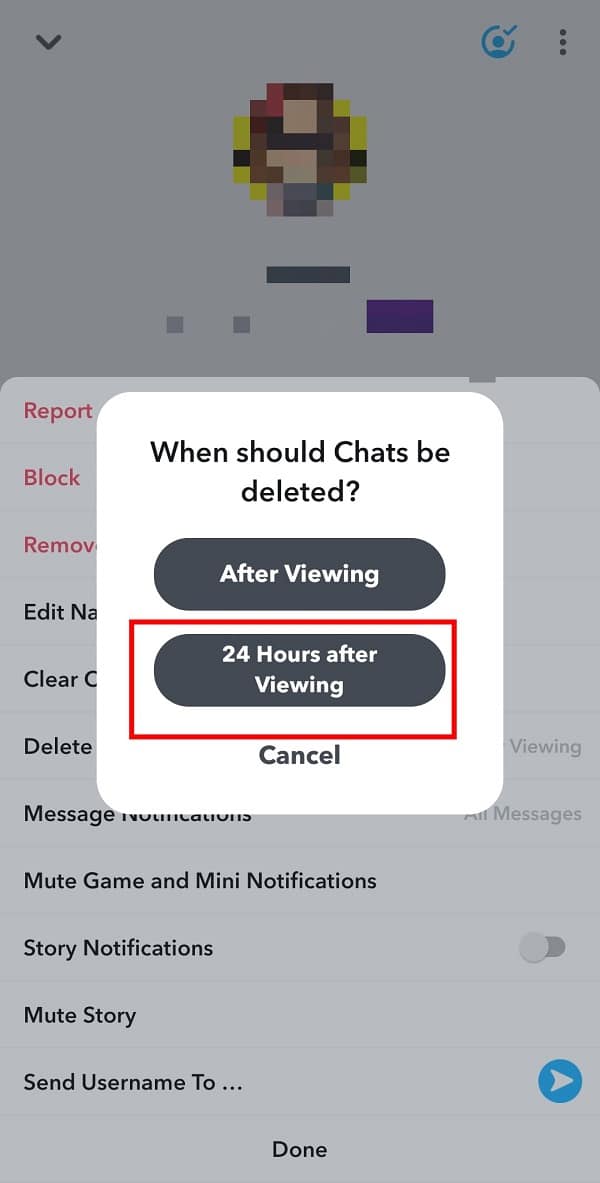 Finalmente, toque 24 horas después de ver.  |  Cómo guardar mensajes de Snapchat durante 24 horas