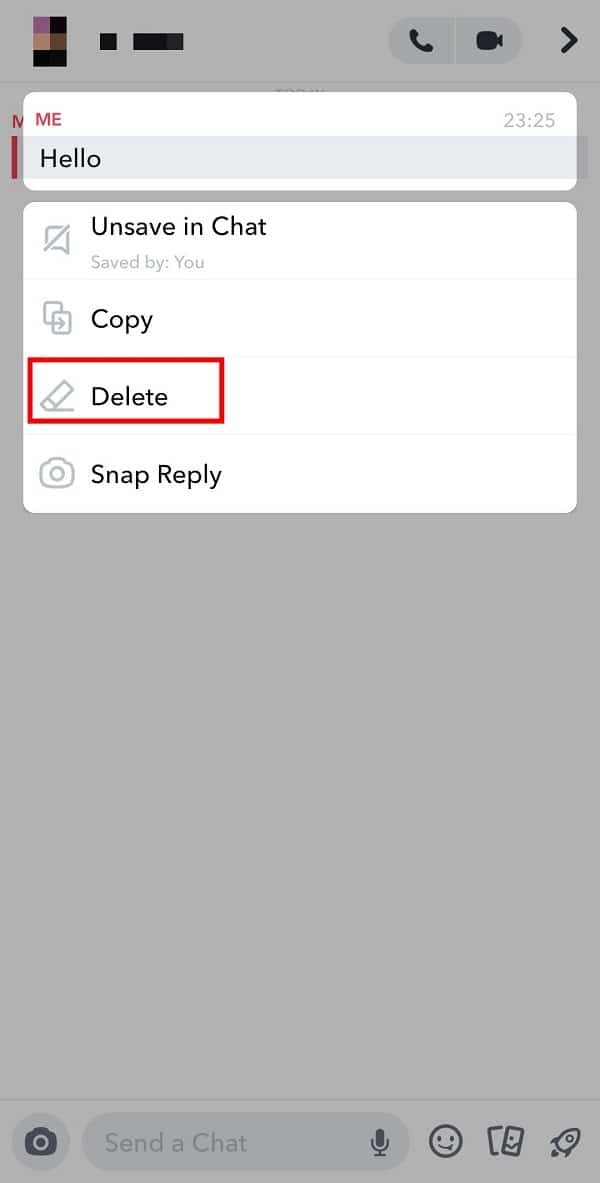 Toque Eliminar para eliminar el chat en particular.  |  Cómo guardar mensajes de Snapchat durante 24 horas