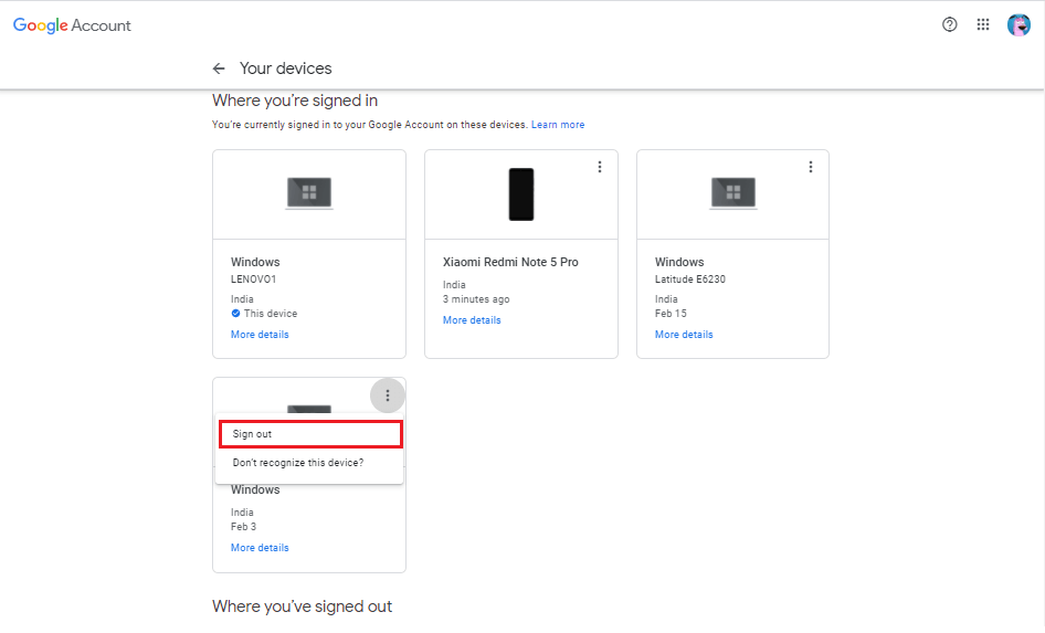 haga clic en el dispositivo que desea eliminar y haga clic en Cerrar sesión. 