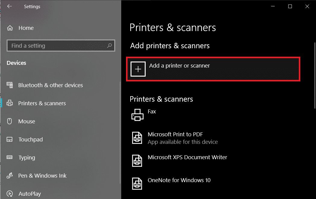 Haga clic en el botón Agregar una impresora y un escáner en la parte superior de la ventana