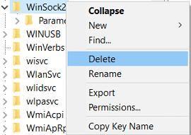 Haga clic derecho en WinSock2 y luego seleccione Eliminar