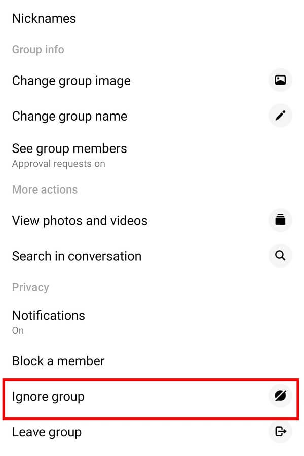 Deslice hacia arriba y toque la opción Ignorar grupo.