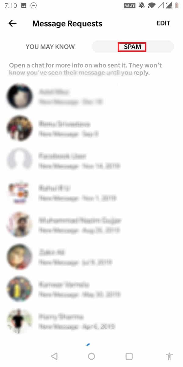 Toca la pestaña de spam |  Cómo salir de un chat grupal en Facebook Messenger