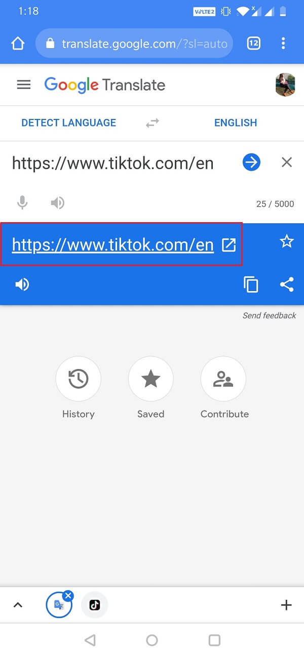 Escriba su URL (por ejemplo, httpswww.tiktok.com), ahora toque la URL traducida,