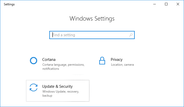 Presione la tecla de Windows + I para abrir Configuración y luego haga clic en el ícono de Actualización y seguridad |  Arreglar la configuración de Windows 10 no se abre