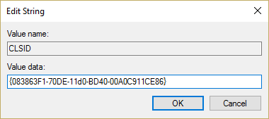 Ingrese su valor como {083863F1-70DE-11d0-BD40-00A0C911CE86} y haga clic en Aceptar