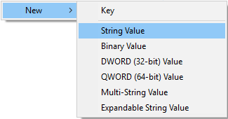 En el área del lado derecho, haga clic en un área vacía y seleccione Nuevo y luego Valor de cadena