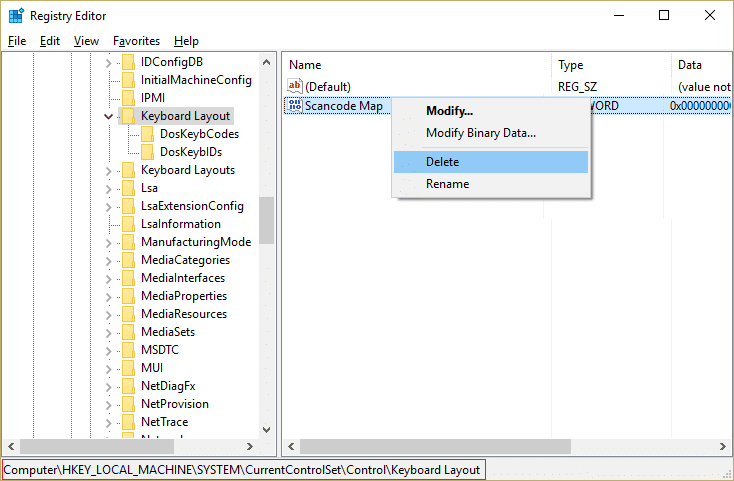 Seleccione Diseño de teclado y luego haga clic con el botón derecho en la tecla Scancode Map y seleccione Eliminar