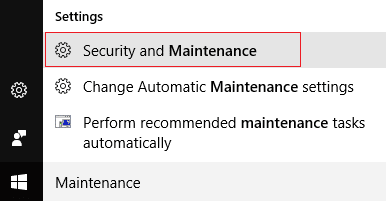 haga clic en Mantenimiento de seguridad en la búsqueda de Windows