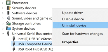 Haga clic derecho en Dispositivo compuesto USB y seleccione Desinstalar