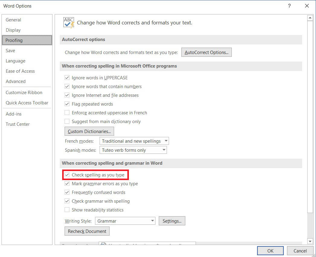 Desactive la casilla de verificación que dice Revisar para deletrear mientras escribe.  |  Deshabilitar el corrector ortográfico de Microsoft Word