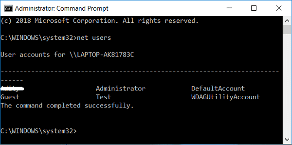 Escriba net users en cmd para obtener información sobre todas las cuentas de usuario en su PC