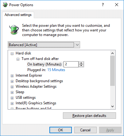 Expanda Apagar disco duro después y luego cambie la configuración para Con batería y Conectado