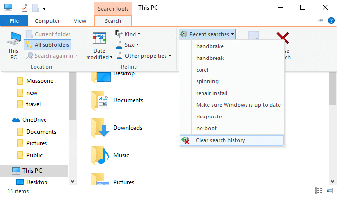 Haga clic en búsquedas recientes y luego haga clic en Borrar historial de búsqueda de la lista desplegable |  Cómo eliminar el historial de búsqueda del Explorador de archivos