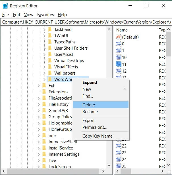 Haga clic derecho en WordWheelQuery y seleccione Eliminar.  Haga clic en Sí para continuar