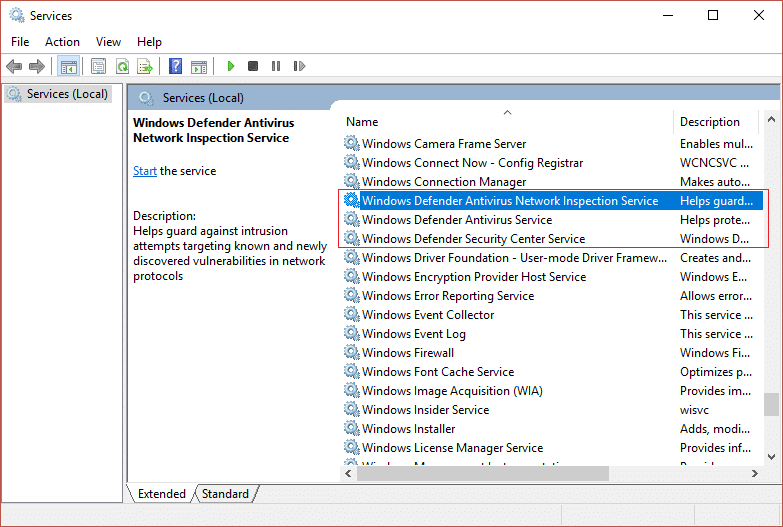 Servicio antivirus de Windows Defender