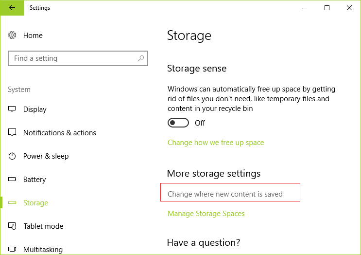 En el menú de la izquierda, haga clic en Almacenamiento y luego haga clic en Cambiar donde se guarda el nuevo contenido |  Cómo mover aplicaciones de Windows 10 a otra unidad