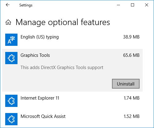 En Funciones opcionales, haga clic en Herramientas gráficas y luego haga clic en el botón Desinstalar
