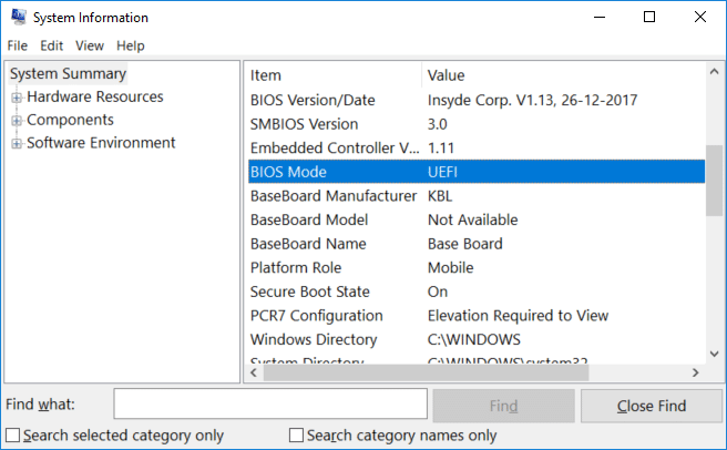 En Resumen del sistema, busque el valor del Modo BIOS