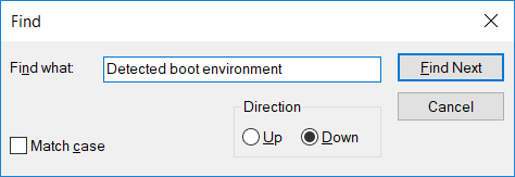 Escriba Entorno de arranque detectado en el cuadro de diálogo Buscar y haga clic en Buscar siguiente