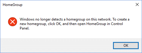 Windows ya no detecta en esta red.  Para crear un nuevo grupo en el hogar, haga clic en Aceptar y luego abra Grupo en el hogar en el Panel de control.