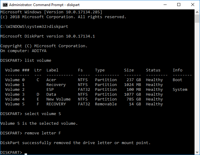 Cómo ocultar una unidad en Windows 10 usando el símbolo del sistema |  Cómo ocultar una unidad en Windows 10