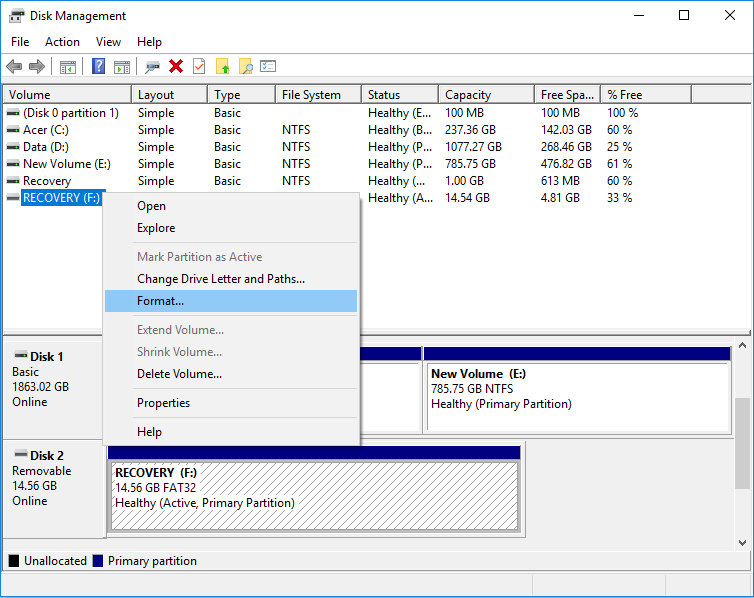 Formatear disco o unidad en Administración de discos |  Cómo formatear un disco o unidad en Windows 10