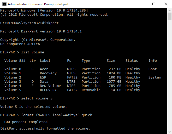 Formatear disco o unidad en el símbolo del sistema |  Cómo formatear un disco o unidad en Windows 10