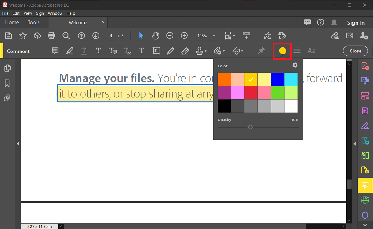 elija el color de su agrado usando la opción 'selector de color' en la barra de herramientas.  |  ¿Cómo cambiar el color de resaltado en Adobe Acrobat Reader?