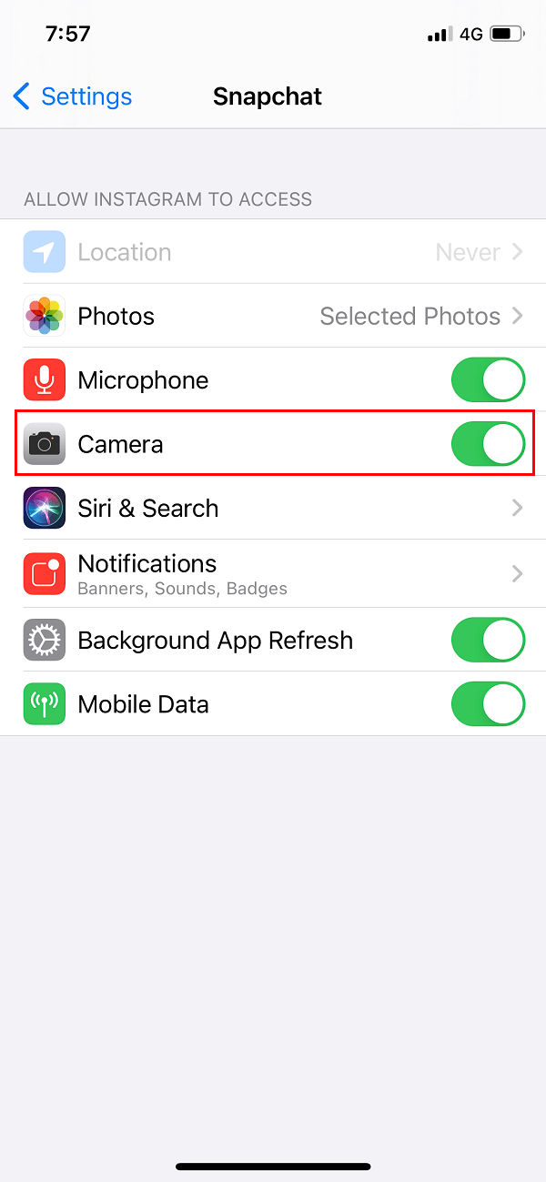 Asegúrate de que el acceso a la cámara esté habilitado para Snapchat