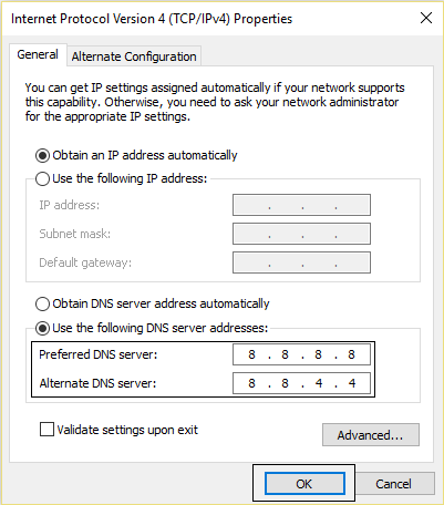 use google DNS para corregir el error