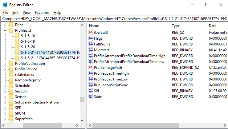 En ProfileList habría una subclave que comenzaría con S-1-5