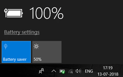 Haga clic en el ícono de la batería y luego haga clic en Ahorro de batería para habilitarlo |  Cómo habilitar o deshabilitar el ahorro de batería en Windows 10