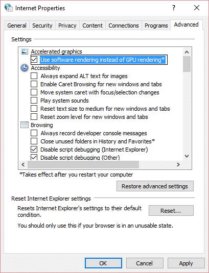 marca de verificación usar procesamiento de software en lugar de procesamiento de GPU internet explorer