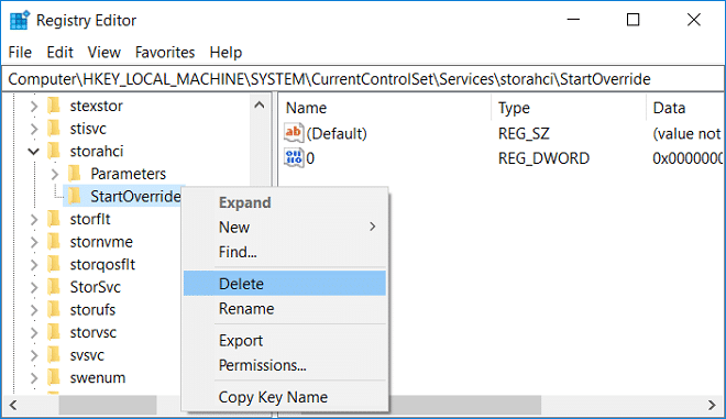 Expanda storahci, luego haga clic con el botón derecho en StartOverride y seleccione Eliminar