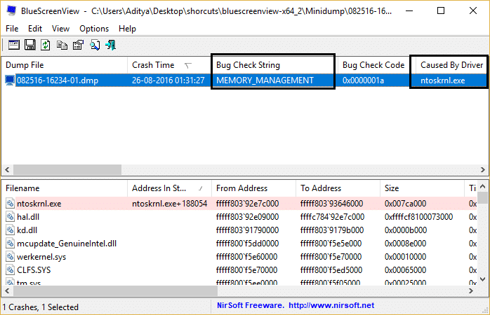 Consulte la cadena de verificación de errores MEMORY_MANAGEMENT y la causada por el controlador en BlueScreenView