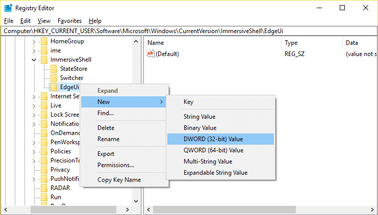 Haga clic derecho en EdgeUi, luego seleccione Nuevo y luego haga clic en el valor DWORD (32 bits)