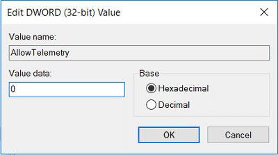 Cambie el valor a 0 de la clave AllowTelemetry y haga clic en Aceptar