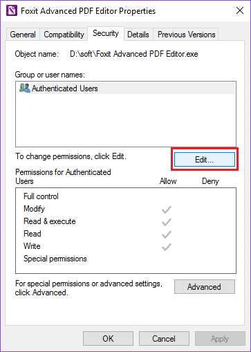 haga clic en editar en la pestaña de seguridad en las propiedades de configuración