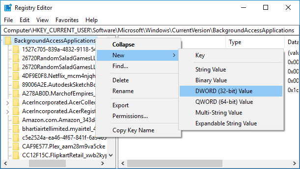 Haga clic con el botón derecho en BackgroundAccessApplications, luego seleccione Nuevo y luego valor DWORD (32 bits)