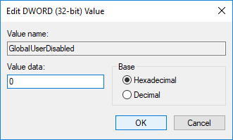 Para habilitar o deshabilitar aplicaciones en segundo plano, establezca el valor de GlobalUserDisabled DWORD 0 o 1 