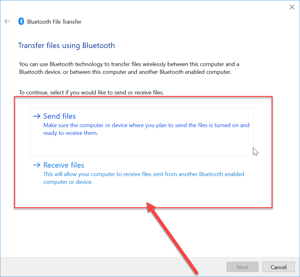 Haga clic en Enviar o recibir archivos a través de Bluetooth para transferir archivos entre la PC y el dispositivo Android