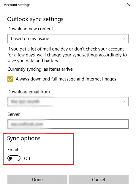 desactivar la opción de sincronización en la configuración de sincronización de Outlook