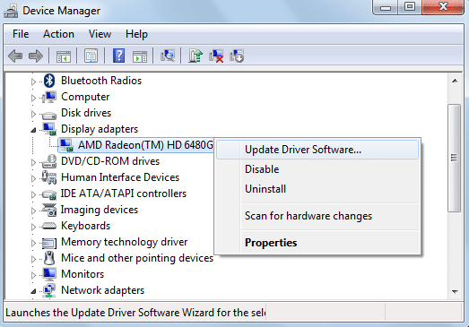 haga clic derecho en la tarjeta gráfica AMD Radeon y seleccione Actualizar software de controlador