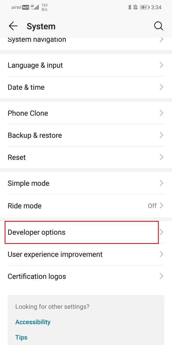 Haga clic en las opciones de desarrollador