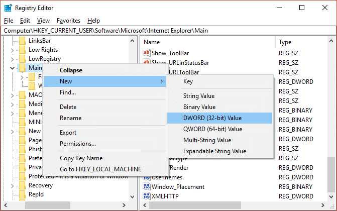 Haga clic con el botón derecho en Principal, luego seleccione Nuevo y haga clic en el valor DWORd (32 bits)