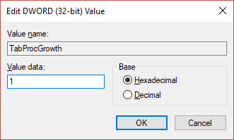 Haga doble clic en TabProGrowth DWORD y establezca su valor en 1